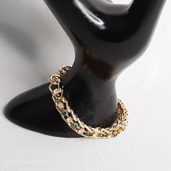 Gold Tone Chain Link Bracelet String Of Green Clear Rhinestones Lobster Clasp - Picture 3 of 10